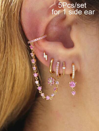 5 pièces/set (boucle d'oreille unique) Ensemble de boucles d'oreilles pour femmes, boucles d'oreilles pendantes avec chaîne en zirconium rose plaqué or, accessoires de bijoux charmants pour femmes