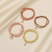 PHCOO 9pcs/Pack Bohemian Style Beaded Bracelets, Shell, Starfish, Turtle Designs, ABS Material, Suitable For Beach Vacation And Daily Wear