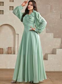 Vestido de mujer de unicolor con escote cruzado en V, plisado, manga abullonada con flor 3D