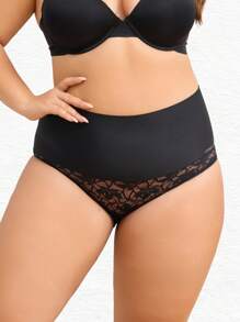 Women High Waist Lace Patchwork Breathable Solid Color Briefs - Black - View 4