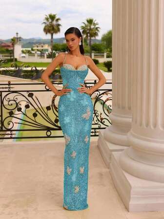 Vestido de noche glamuroso con aplicaciones de lentejuelas sexy para mujer, vestido formal, de fiesta, de gala, para invitados de boda