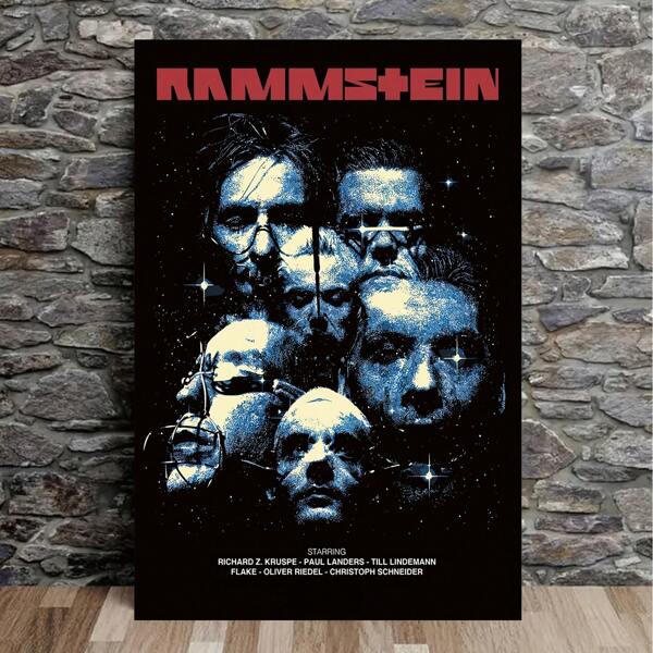 Affiche d'art de groupe Rammstein - Impression sur canevas sans cadre de 12 x 18 pouces, design portrait noir et blanc sur fond étoilé - Idéal pour la décoration murale de la chambre, du bureau, du salon, de la maison et du dortoir, décoration murale photo