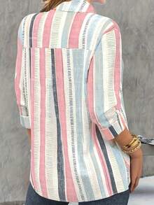 Women's Contrast Color Stripe Print Button Front Lapel Collar Shirt - Pink - View 2