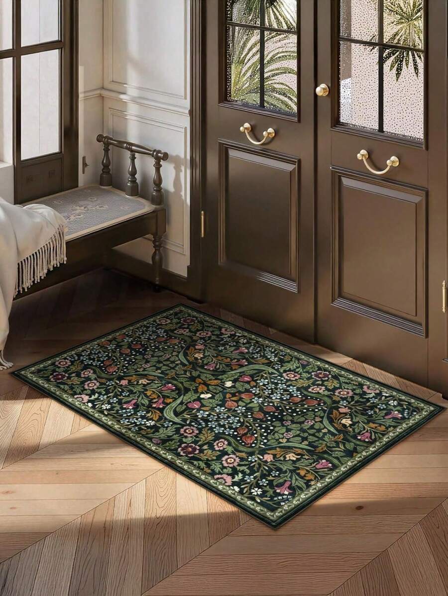 1 bucată-covor bohemian floral pentru bucătărie și baie - covor boho verde antiderapant țesut manual, covoraș de interior lavabil pentru intrare, decor dormitor, pardoseală botanică ultra subțire