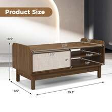 Rectangular Coffee Table W/ Storage Weaving Sliding Door & Adjustable Shelf