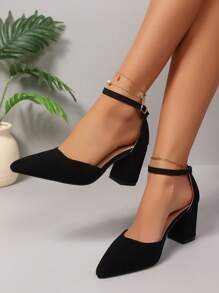 Women's High Heel Closed Toe Sandals, Fairy Style New Spring Office Work Shoes, Pointed Toe Strap Buckle Chunky Heels Mid-Heels Suede Slip-On Pumps, Summer