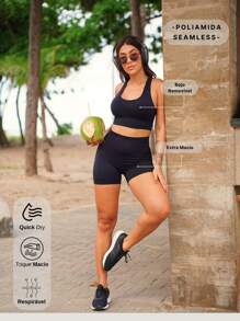 Seamless Lightweight Fitness Set – Top With Removable Pads + Butt Lifting Shorts - 黑色 - 查看 3