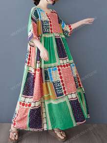 Tops, Women's Plus-Size Casual Elegant Dress, Boho Resort Beach Dress, New Summer 2025 Crew-Neck Short Sleeve Loose Skirt, Random Print