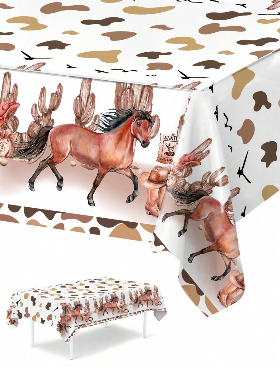 1Pc Western Cowboy Theme Party Tablecloth, 220*130cm Western Cowboy&Horse Printed Disposable Table Cover, Birthday Party Decoration, Home Decor, Baby Shower Gender Reveal Party Decor, Western Cowboy Theme Birthday Party Supplies, Table Decor, Table Cloth - Western Cowboy - View 1