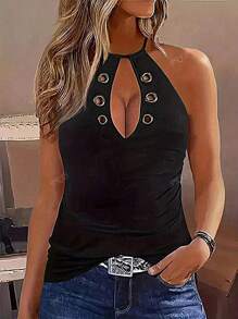 Summer New European & American Curved Black Casual Vacation Fashionable Hollow-Out Halter Neck T-Shirt