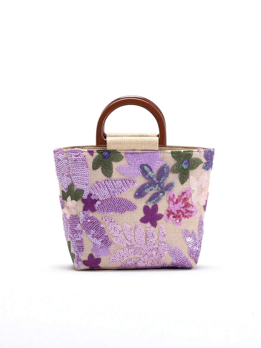 1pc Purple PVC Sequin Floral Embroidery Net Tote Bag, Chic Small Square Handbag, Fashionable & Versatile - Multicolor - View 1