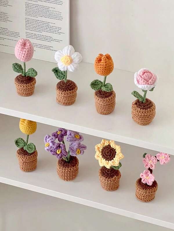 Planta de tulipán en maceta hecha a mano de punto, planta en maceta de girasol de ganchillo, decoración de escritorio con forma de flor en forma de corazón, producto terminado de flor de rosa de punto, planta en maceta de nomeolvides, decoración de escritorio con flor artificial, pequeño regalo para fiesta
