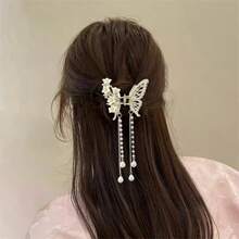 1 Peça Grampo de Cabelo com Tassels, Decorado com Strass em Formato de Borboleta e Pérolas Falsas, Acessório de Cabelo Elegante, Grampo de Cabelo, Presilha de Cabelo, Itens Escolares, Faculdade