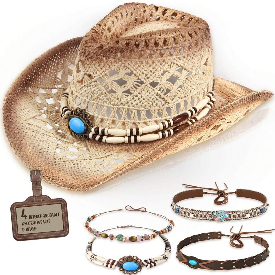 1 Hat And 4 Decorations Unisex Bead Decor Cowgirl Hat Hollow Out Summer Travel Shade Fedora Cowboy Hat Dyeing Wide Brim Printed Breathable With Beaded Trim Band Hand Woven Beach Hat Sun Hat Straw Hat - 米色 - 查看 1