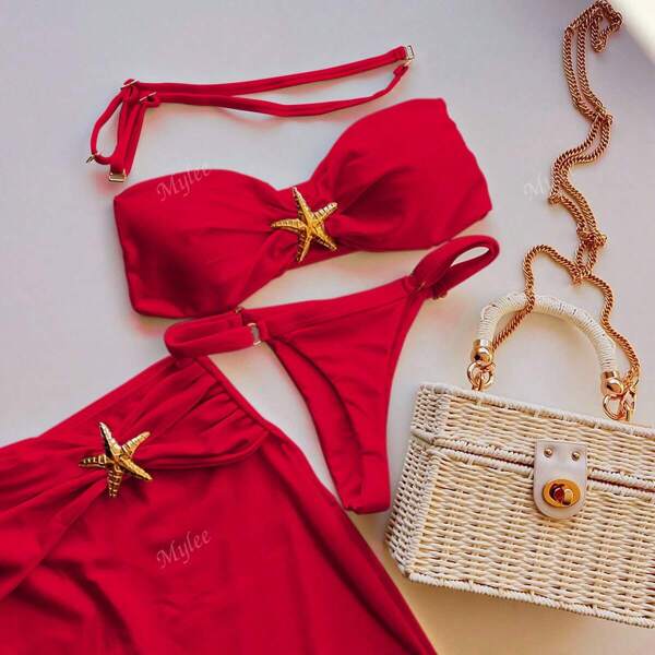 Conjunto de 3 piezas, nuevo diseño 2025, bikini sexy, traje de baño estilo europeo y americano con decoración metálica de unicolor, traje de baño de una pieza para mujeres