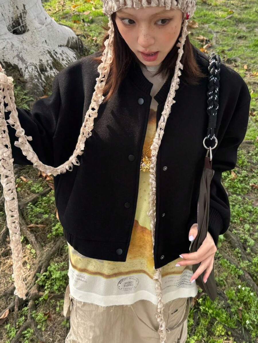 OUTTA BOX Single-Breasted Pocket Long Sleeve Stand Collar Drop Shoulder Solid Color Wool Blend Baseball Jacket, Fashionable & Elegant Casual Suitable For Home, Daily Wear, Party, Autumn/Winter, Christmas, New Year