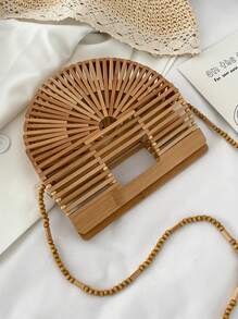 1pc Fashionable Unique Niche Asymmetrical Shaped Bag, Bamboo Woven Bag, Mini Beach Bag, Hollow Design, Interesting Gift, Personalized Strap, Asymmetrical Handheld, Daily Use, Beach Holiday, Shoulder Bag Crossbody, Beaded Long Strap, Women Handbag - Khaki - View 5