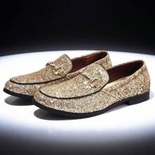 Men's Fashion Loafers Flat Driving Shoes Glitter Leather Brogues Slip-On Gold/Silver Shiny Stage Performance Wedding Party Shoes - Gold - View 1