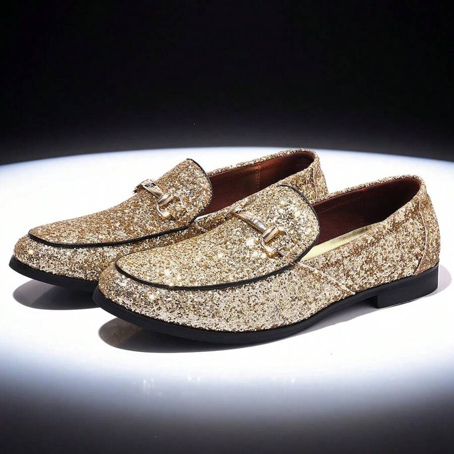 Men's Fashion Loafers Flat Driving Shoes Glitter Leather Brogues Slip-On Gold/Silver Shiny Stage Performance Wedding Party Shoes - Gold - View 1