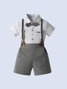 BOARNSEORL 2pcs Young Boys Formal Outfit Set - Short Sleeve Shirt With Bowknot And Suspender Shorts, Suitable For Banquet, Party, Performance, Wedding And Daily Outings - Grey - View 3