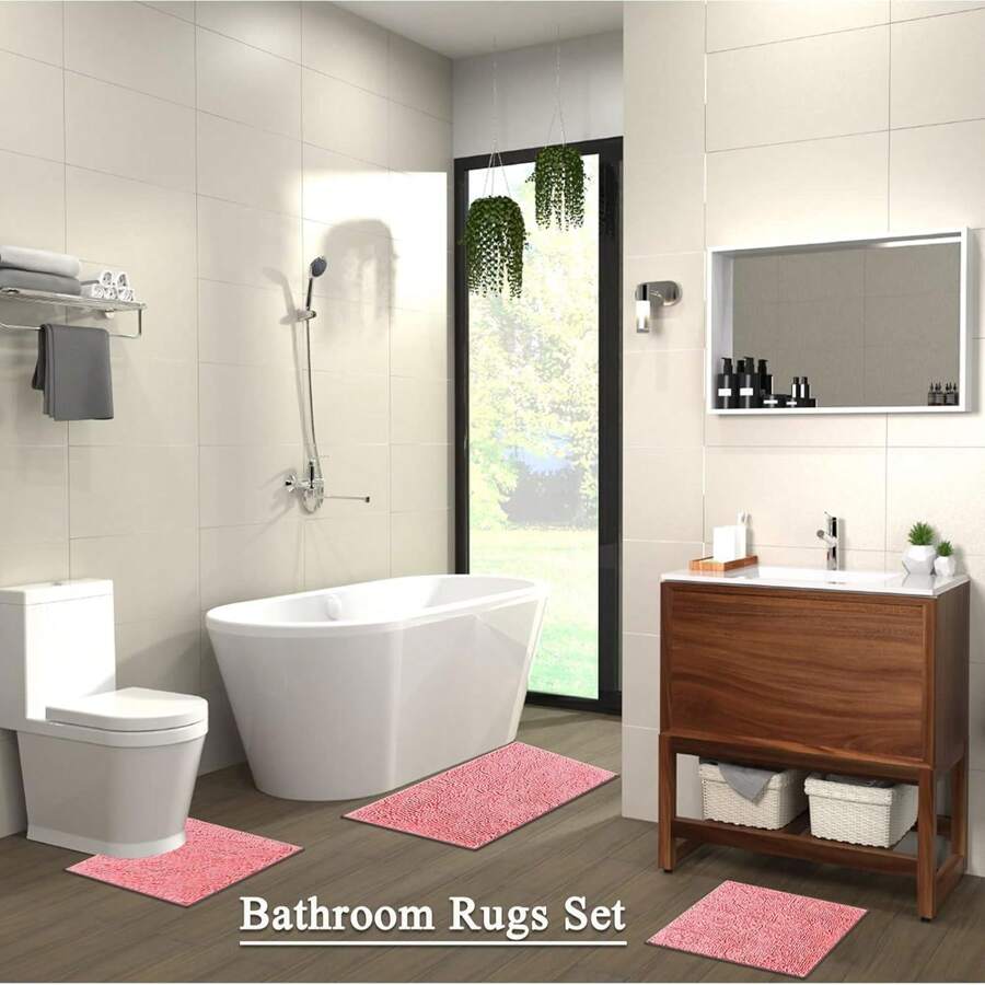 Bộ 3 thảm phòng tắm, thảm nhà vệ sinh bằng vải nhung siêu mềm, thấm hút tốt, thảm nhà vệ sinh dày, thảm nhà vệ sinh bằng vải nhung chống trượt cho phòng tắm, phòng ngủ, nhà bếp (màu hồng, vàng, xám, xám đậm, 32 'x20' + 24'x16' + hình chữ U 20 'x16') Trang trí nhà bếp phòng tắm trở lại trường mùa thu - Hồng - Xem 1