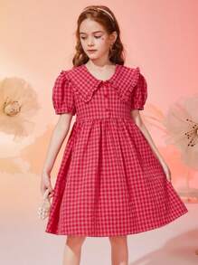 ASK JUNIOR Vestido casual de verano con mangas abullonadas a cuadros para niñas preadolescentes