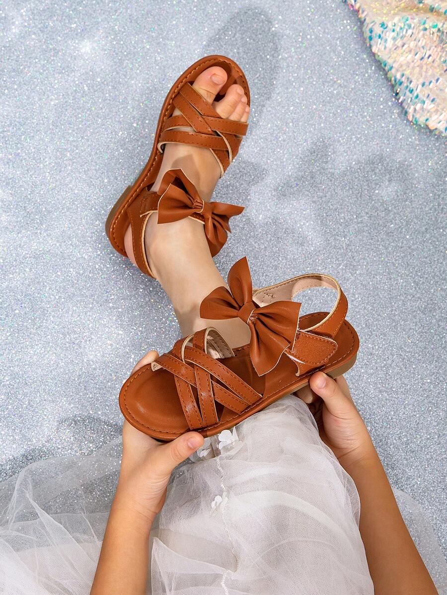 女孩条纹编织蝴蝶结装饰平底凉鞋 - 棕色 - 查看 1