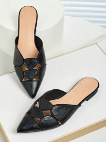 Black Closed Toe Flat Sandals, Pointed Toe Solid Color Breathable Fashion Casual Versatile Geometric Pattern Hollow-Out Woven Slip-On Slides For Women, Suitable For Spring, Summer & Autumn