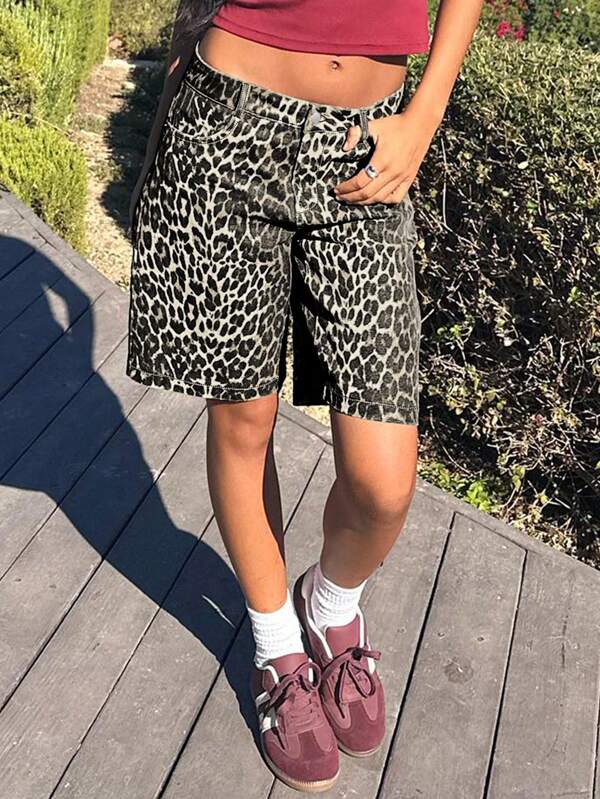 Short casual de mujer con bolsillo frontal y estampado de leopardo, para uso diario
