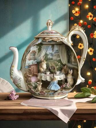 装饰细节 | 复活节兔子茶壶场景亚克力桌面装饰，2D平面设计，白兔和花卉桌面布置，无需电池，适用于办公室、咖啡厅、家居装饰、艺术礼品、春季兔子配饰、复活节兔子主题配饰