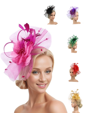 1 件迷人帽子花网丝带羽毛头带和夹子茶会头饰适合女孩和女士，发带，发箍头带
