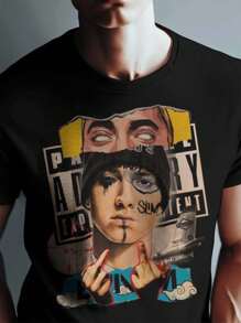 T-Shirt Men's Y2K Style Graphic Cotton T-Shirt - Soft & Comfortable Crew Neck Short Sleeve Tee Pwith Bold Portrait Print, Hip Hop Streetwear Fashion Top for All Seasons, Casual Streetwear | Round Neck Tshirt | Cotton Shirtp - Negro - Ver 2