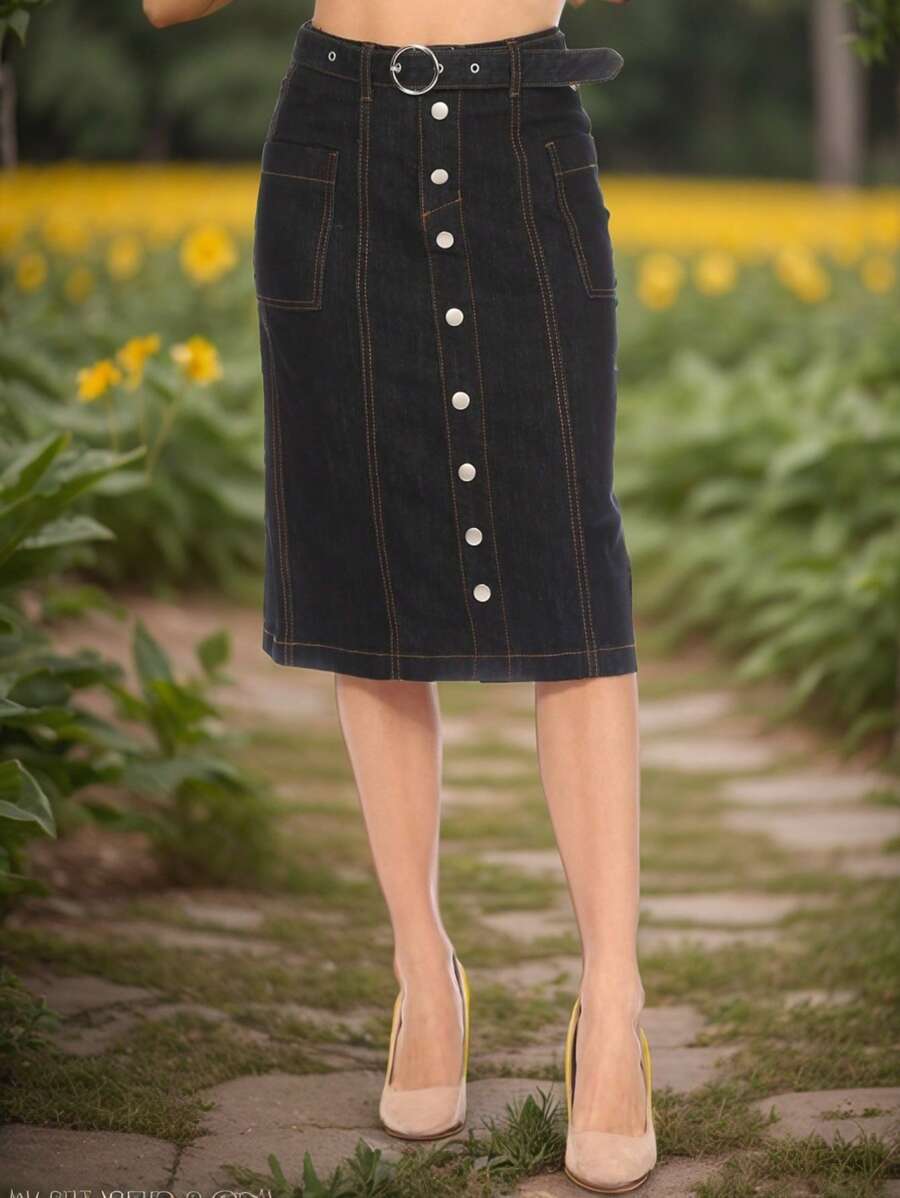 Denim Midi SkirtPlainCasualCuteDenimButtonPocketButton Frontdenim Skirt - Black - View 1