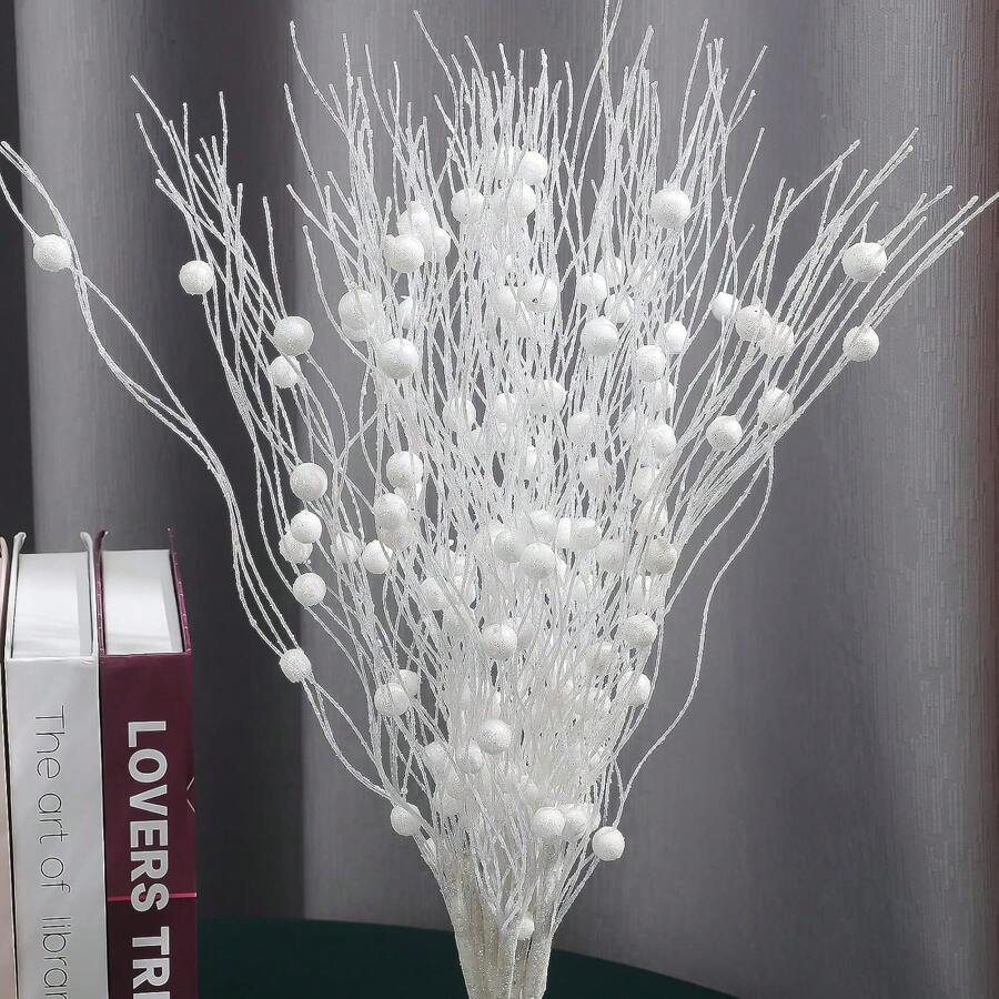 Christmas Tree Decoration Branches Simulation White With Sparkling Berry Dry Branches Decoration Christmas Decoration Sparkling Twigs Flower Garlands Small Flowers Can Be Used For Winter Christmas Home Desktop Decoration 16 Pieces Set - White - View 1