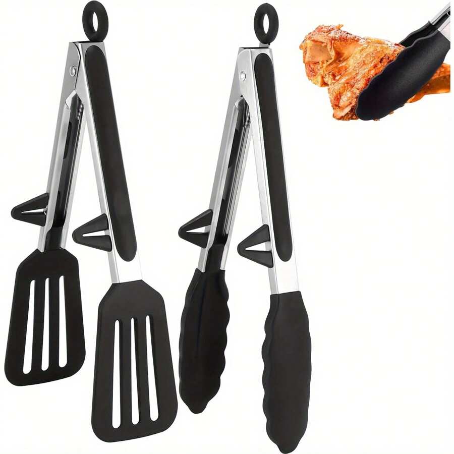 Latest 2-Pack 9-Inch Stainless Steel Kitchen Tongs, Silicone-Coated BBQ Pliers, Air Fryer Cooking Tongs, Food-Safe Grill Grippers For Home Grilling And Air Frying