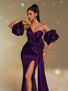 Smilprince New Elegant Formal Evening Gown, Sheath Off-Shoulder Ruffle, Bow Satin, Elegant Party, Prom Dresses For Women, For Wedding Guest - 紫色 - 查看 6