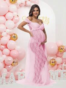 Maternity Lace Sexy Off-Shoulder High Waist Slit For Photoshoot Baby Shower Pregnancy Women Gown - Pink - View 5