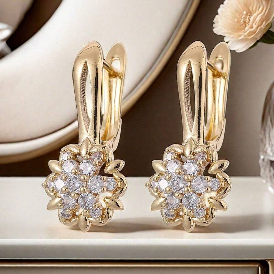 1 对时尚优雅的锆石六角形花卉耳钉，适合女性日常佩戴 - 六芒星耳扣 - 查看 1