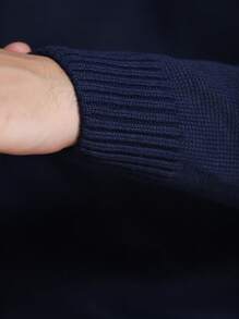 Suéter masculino de malha de cor sólida com gola redonda - Azul - Visão 7