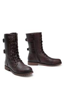 Women's Mid-Calf Combat Boots Round Toe Lace-Up Coin Pocket Outdoor Commuter Black Boots - màu nâu - Xem 9