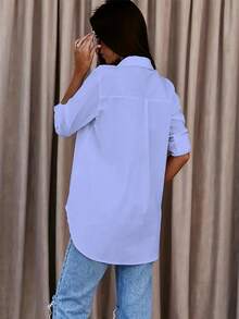 優雅極簡百搭捲袖襯衫，翻領修身休閒日常通勤女款上衣，四季皆宜 - 淡紫色 - 查看 3