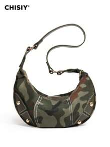 Handmade Katenzaro Camo Cherry Color Fabric Crescent Shoulder Bag, Minimalist Large Capacity Casual Work Tote Bag, Valentine's Gift Suitable For Office, College, Sport, Shopping, Travel, Autumn/Winter - 軍綠色 - 查看 8