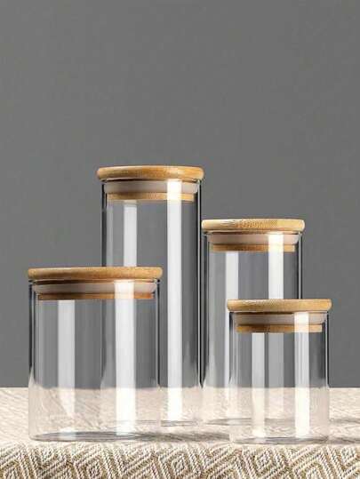 1pc密封罐带透明玻璃木盖加盖咖啡豆密封罐储物瓶调味罐茶叶罐杂粮储存小号和大号圆形耐高温瓶