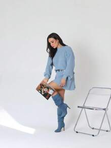 Women's Knit Set Short Asymmetrical Skirt And Puff Sleeve Blouse Fashion Blogger Foreign Autumn Winter Boho - 淺藍色 - 查看 7