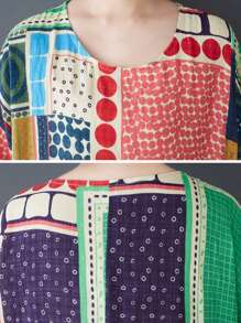 AZAH 2026春节新款加大码拼接长款连衣裙，宽松半袖A字棉质夏季连衣裙，带口袋