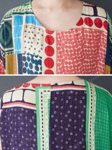 Tops, Women's Plus-Size Casual Elegant Dress, Boho Resort Beach Dress, New Summer 2025 Crew-Neck Short Sleeve Loose Skirt, Random Print