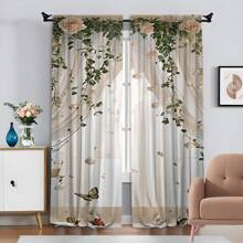 2 pièces Élégants rideaux transparents imprimés de motifs floraux, en polyester tissé, style contemporain, lavables en machine, sans tige incluse pour la chambre à coucher, le salon, le bureau