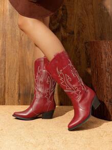 Women's Western Cowboy Boots Slip On Fashion Embroidery Pointed Toe Low Heel Chunky Outdoor Commuter Mid-Calf Black Boots - 紅色 - 查看 4