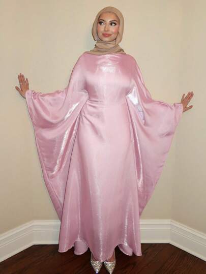 1 件女式束腰蝴蝶和服连衣裙，飘逸的珠光设计，精致闪亮的缎面长袍，贴合腰部，打造完美轮廓，宽大的袖子，时尚优雅的纯色长袍，适合日常聚会和节日，端庄