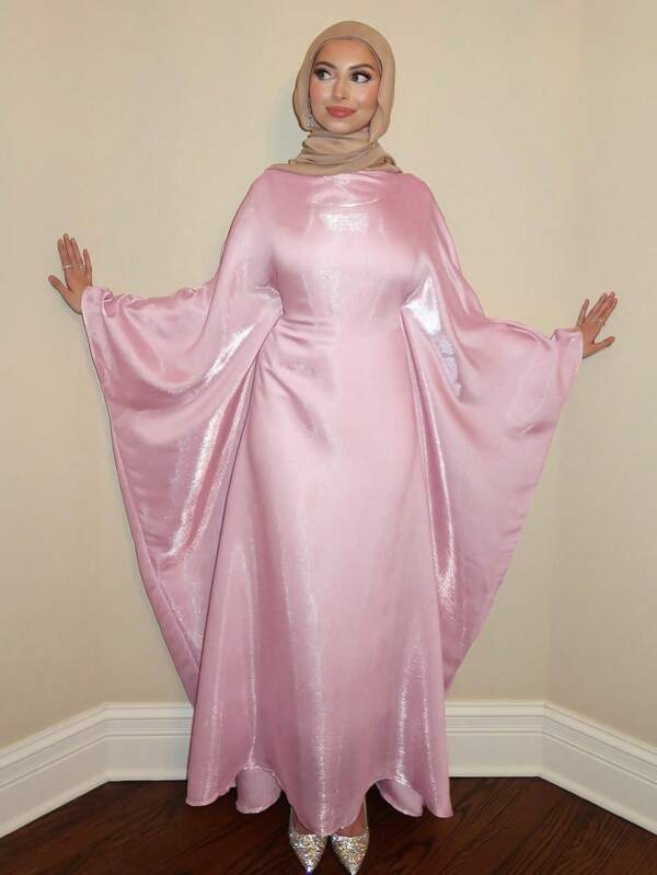 1pc Women's Cinched Waist Butterfly Kimono Dress, Flowing Pearlescent Design, Subtle Shiny Satin Robe, Fitted Waist For Perfect Silhouette, Voluminous Sleeves, Fashion & Elegant Solid Color Maxi Robe Abaya, Suitable For Daily Gatherings & Holidays, Modest